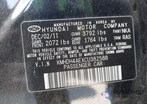 2012 Hyundai Elantra Gls (Ulsan Plant) from USA, damaged, VIN KMHDH4AEXCU382588